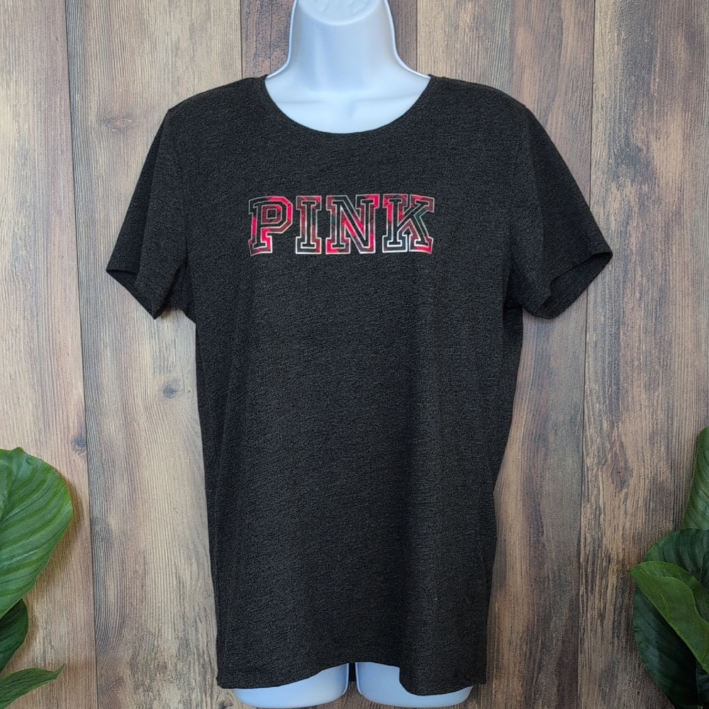 PINK Victoria's Secret Charcoal Logo Graphic Tee L         M674